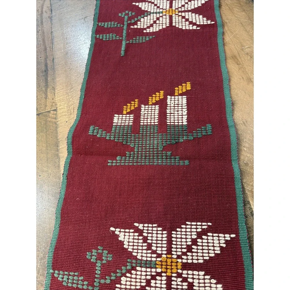 Vintage Christmas Woven Folk Art Table Runner Red‎ Green Poinsettia Candle 9x74